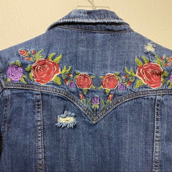 Blank NYC Distressed Floral Denim Jean Jacket - Picture 12 of 16